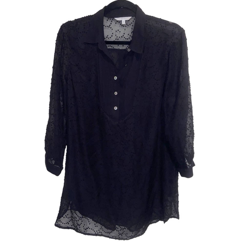 Foxcroft Shirt Womens Size 10 Black Sheer Blouse Pleated Swiss Dot Whimsigoth
